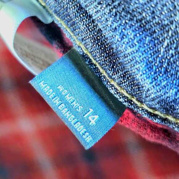 Eddie Bauer Flannel Lined Jeans Boyfriend Fit Womens Sz 14 Medium Wash Red Plaid - Picture 8 of 14